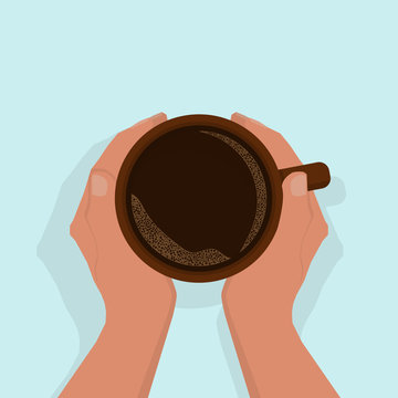 Women's hands are warming, gently holding a cup of hot black coffee, with foam. View from above. On a light blue background, with shadow. Flat style.