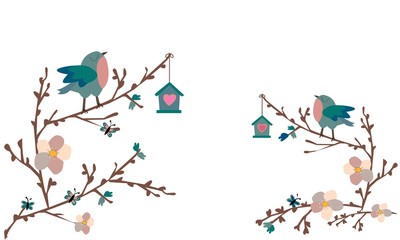 Pájaros en rama con flores y mariposas.