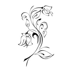 two stylized flower buds on a curved stem with leaves and curls in black lines on a white background