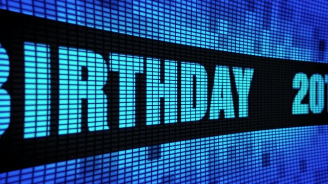 20th. Happy Birthday Side Text Scrolling on Light Blue Digital LED Display Board Pixel Light Screen Looped Animation 4K Background. Sign Board , Blinking Light, Pixel Monitor, LED Wall Pannel