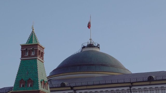 Kremlin Moscow Dome of Senate building Russian Flag tower.