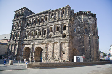 TRIER,GERMANY-JULY 19,2014: View on Porta Nidra-Antique roman city gate in Trier,Germany on 19 July 2014.It is designated as part of the roman monuments, in Trier Unesco world heritage site.