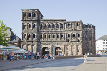 TRIER,GERMANY-JULY 19,2014: View on Porta Nidra-Antique roman city gate in Trier,Germany on 19 July 2014.It is designated as part of the roman monuments, in Trier Unesco world heritage site.