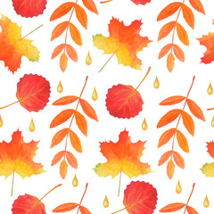 Seamless pattern of yellow leaves and raindrops. 