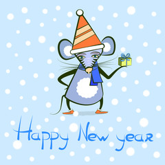 mouse or rat holding a new year gift. Illustration on the Christmas theme with a cartoon rodent character with santa hat and greeting text. Symbol of the 2020 year