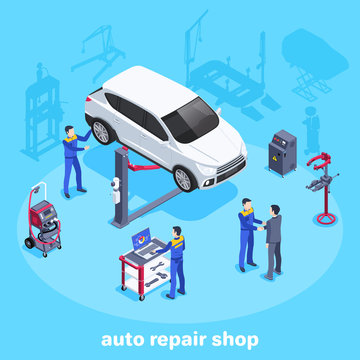 isometric vector image on a blue background, people in work clothes work in a car repair center