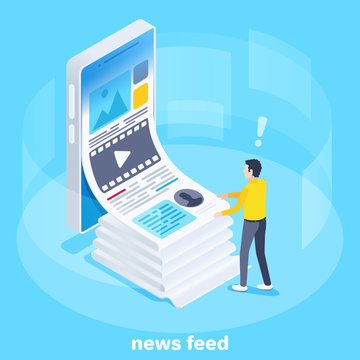 isometric vector image on a blue background, a man stands near a smartphone and looks through a news feed, internet surfing