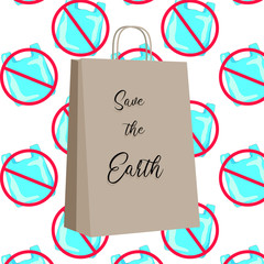 Paper brown bag with eco text isolated on white background. Save Earth ecology. Recycling paper bag. Vector stock.