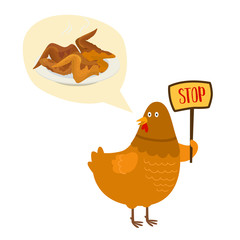 No food with chicken fries and roasted vector illustration prohibition sign. Cartoon chicken with placard saying no. Chickens strike for vegans posters illustration.