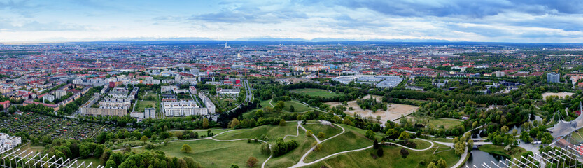 Fototapeta na wymiar Munich, Germany - Panoramic view from the observation deck (Olimpic Tower) in a cloudy day. 