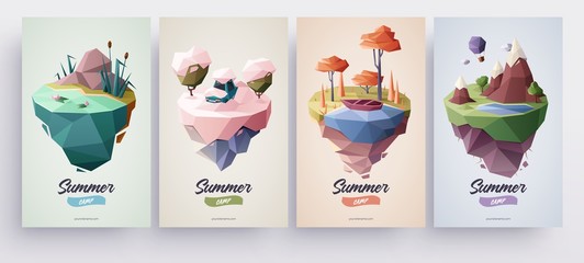Low polygonal geometric nature islands. Vector Illustration, low poly style. Background design for banner, poster, flyer, cover, brochure.