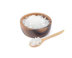Rock sugar in woodden bowl and woodden spoon isolated on white background with clipping path
