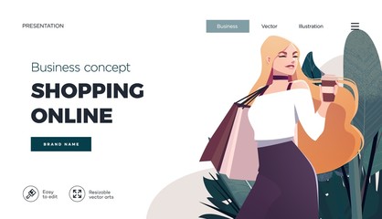 Online shopping landing page or banner template. Girl with shopping, packages. Flat Happy Female Character with Shopping Bags. Vector Illustration