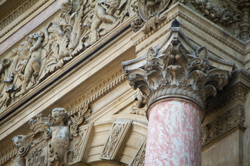 Bottom view of the architectural details of the Fountain of San Michel in the Latin Quarter of Paris
