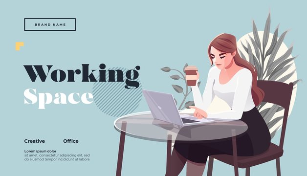Working space Landing page template. Young female freelancer is sitting in modern hipster cafe at the table with take away coffee, mobile phone. Vector illustration