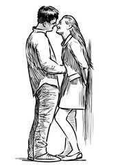 Sketch of couple of young loving smiling people standing and embracing