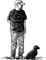 Sketch of elderly man with his dog stroliing on grass