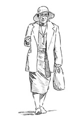 Sketch of elderly townswoman in hat going down street