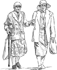 Sketch of elderly women friends going together on a stroll
