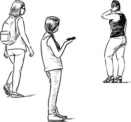 Sketches of casual urban women on a city street on summer day