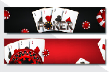 Set of Casino banners with casino chips and cards. Poker club texas holdem. Vector illustration