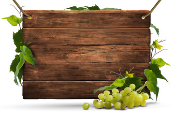 Background of wooden shield. In the foreground is a bunch of grapes with leaves.  High detailed realistic illustration.