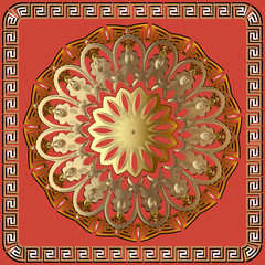 Greek key meanders gold 3d mandala pattern. Ornamental grecian style greece square frame background. Modern geometric abstract Baroque background. Repeat ancient decorative ornament. Ornate 3d design