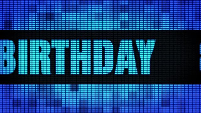 80th Happy Birthday Front Text Scrolling on Light Blue Digital LED Display Board Pixel Light Screen Looped Animation 4K Background. Sign Board , Blinking Light, Pixel Monitor, LED Wall Pannel