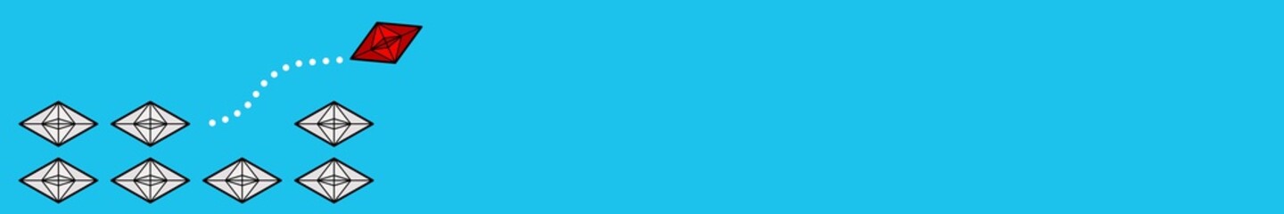 gz435 GrafikZeichnung - german - Innovatives Lösungskonzept: Rotes Boot verlässt eine Gruppe von weißen Schiffen - english: innovative solution concept / different way - banner 6to1 - g8476