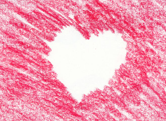 White Crayon heart drawn on the red background