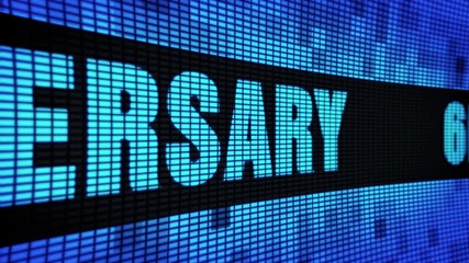 60th Anniversary Side Text Scrolling on Light Blue Digital LED Display Board Pixel Light Screen Looped Animation 4K Background. Sign Board , Blinking Light, Pixel Monitor, LED Wall Pannel