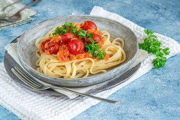 Chilli crab and cherry tomato linguine pasta