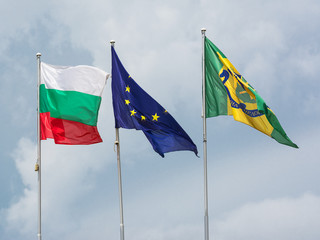 Three flags: bulgarian, european union and regional bulgarian