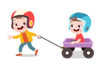 happy kid play with wagon vector illustration