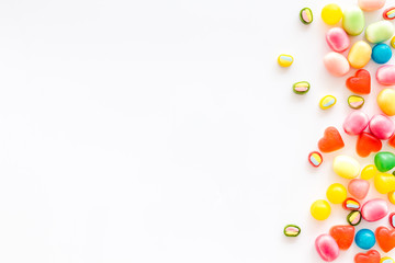 Candy dots and fruit jelly for blog design on white background top view mockup