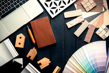 topview of material surface sample stone, wood veneer ,laminate color chart interior schematic...