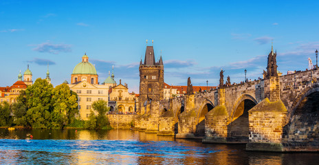 View of dowtown Prague with Charles Bridge over Vltava