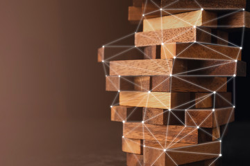 business organize  management strategy ideas concept wood stack block tower arranging with dark...