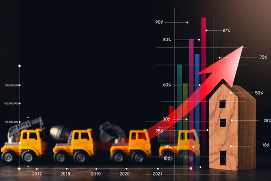 business house construction ideas concept with home wooden home model with construction car toy with black background with stock bar chart and red point arrow - Powered by Adobe
