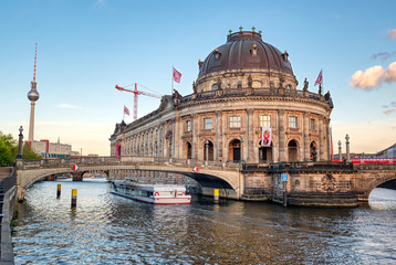 Berlin, Germany - May 4, 2019 - The Bode Museum located on Museum Island in the Mitte borough of Berlin, Germany at dusk.