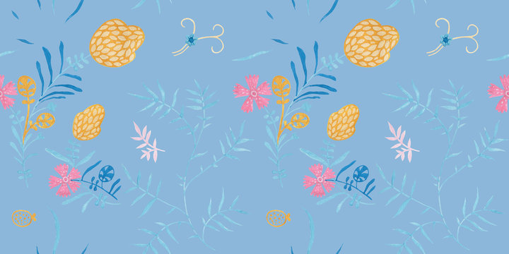 Bluestone pattern design. Wrapping gift paper flower decoration. Hand painted gouache elegant leaves and twigs. Elegance Middle Ages floral ornament. Floral seamless pattern for Mediterranean decor