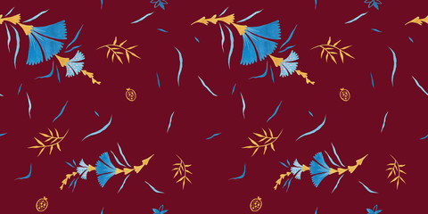 Biking red color modern illustration plate decoration. Repeating leaves, petal thorns pattern. Soulful flora expression. Mediterranean cloth yard decor. Elegance plate serving seamless ornament