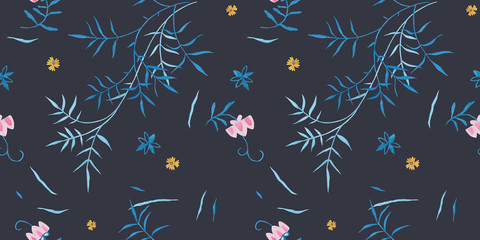 Evening blue pattern design. Wrapping gift paper flower decoration. Hand painted gouache elegant leaves and twigs. Elegance Middle Ages floral ornament. Floral seamless pattern for Mediterranean decor