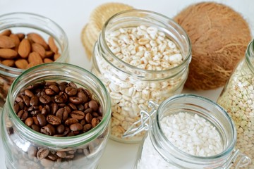 Various cereals, coffee, nuts, bran in glass jars. Zero waste concept, free plastic.