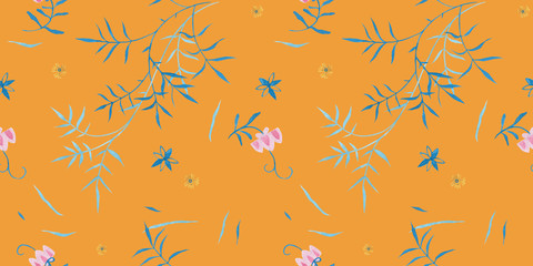 Orange color modern illustration plate decoration. Tea rose and clematis natural petals. Varicolored feminine fabric design. Renaissance flower art. Floral seamless pattern for Mediterranean decor