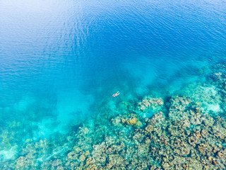 Fototapeta na wymiar Aerial top down people snorkeling on coral reef tropical caribbean sea, turquoise blue water. Indonesia Wakatobi archipelago, marine national park, tourist diving travel destination