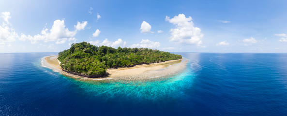 Aerial view tropical beach island reef caribbean sea. Indonesia Moluccas archipelago, Banda Islands, Pulau Ay. Top travel tourist destination, best diving snorkeling. - obrazy, fototapety, plakaty