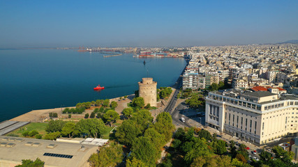 Fototapeta na wymiar Aerial drone view of iconic historic landmark - old byzantine White Tower of Thessaloniki or Salonica, North Greece