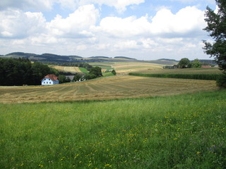 Obraz premium landschaft im waldviertel mit blauem haus