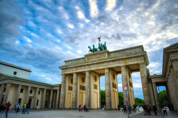 Fototapeta na wymiar Berlin, Germany - May 3, 2019 - The Brandenburg Gate at sunset located in Pariser Platz in the city of Berlin, Germany.